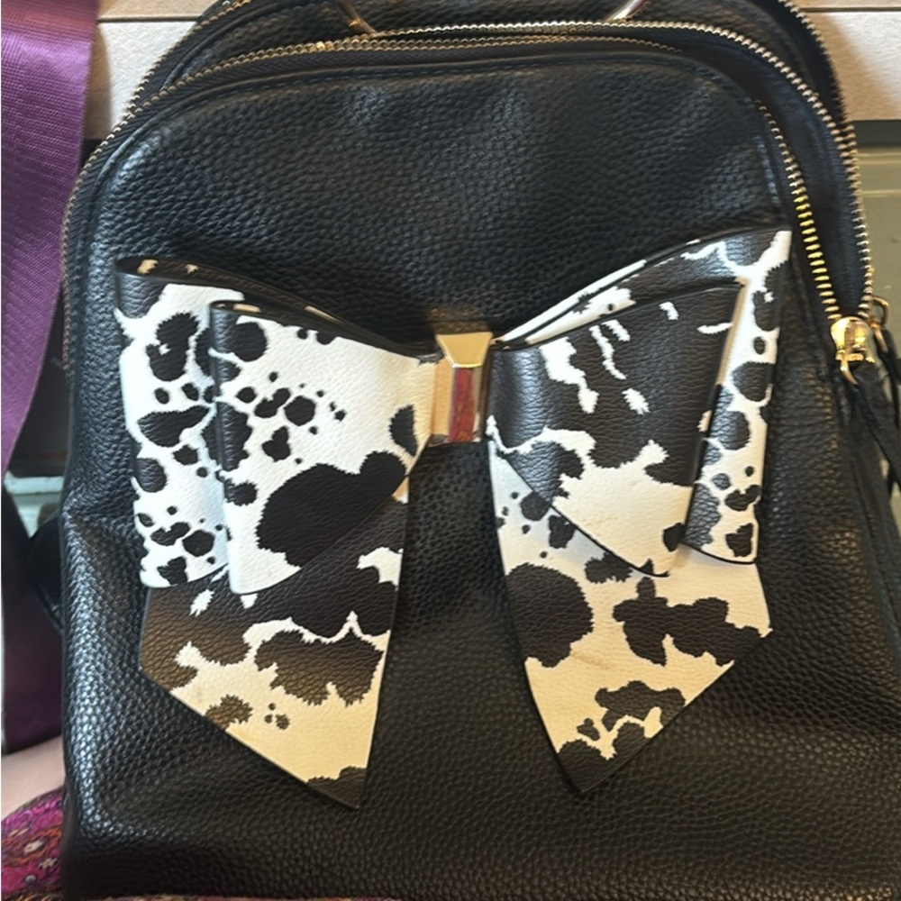 Black Faux Leather Backpack with Black & White Splatter Bow